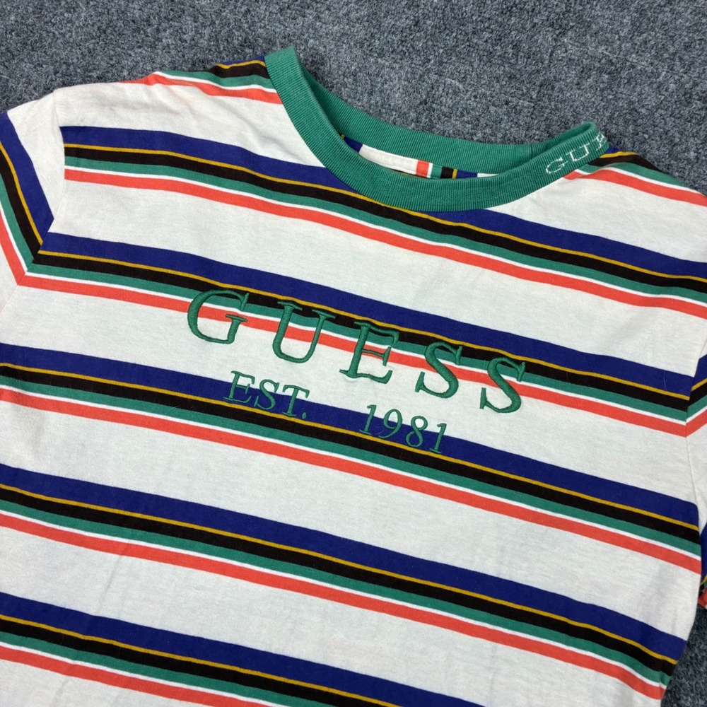 Guess Los Angeles Mens Size Medium Striped T-Shirt Multicolor Embroidered Logo